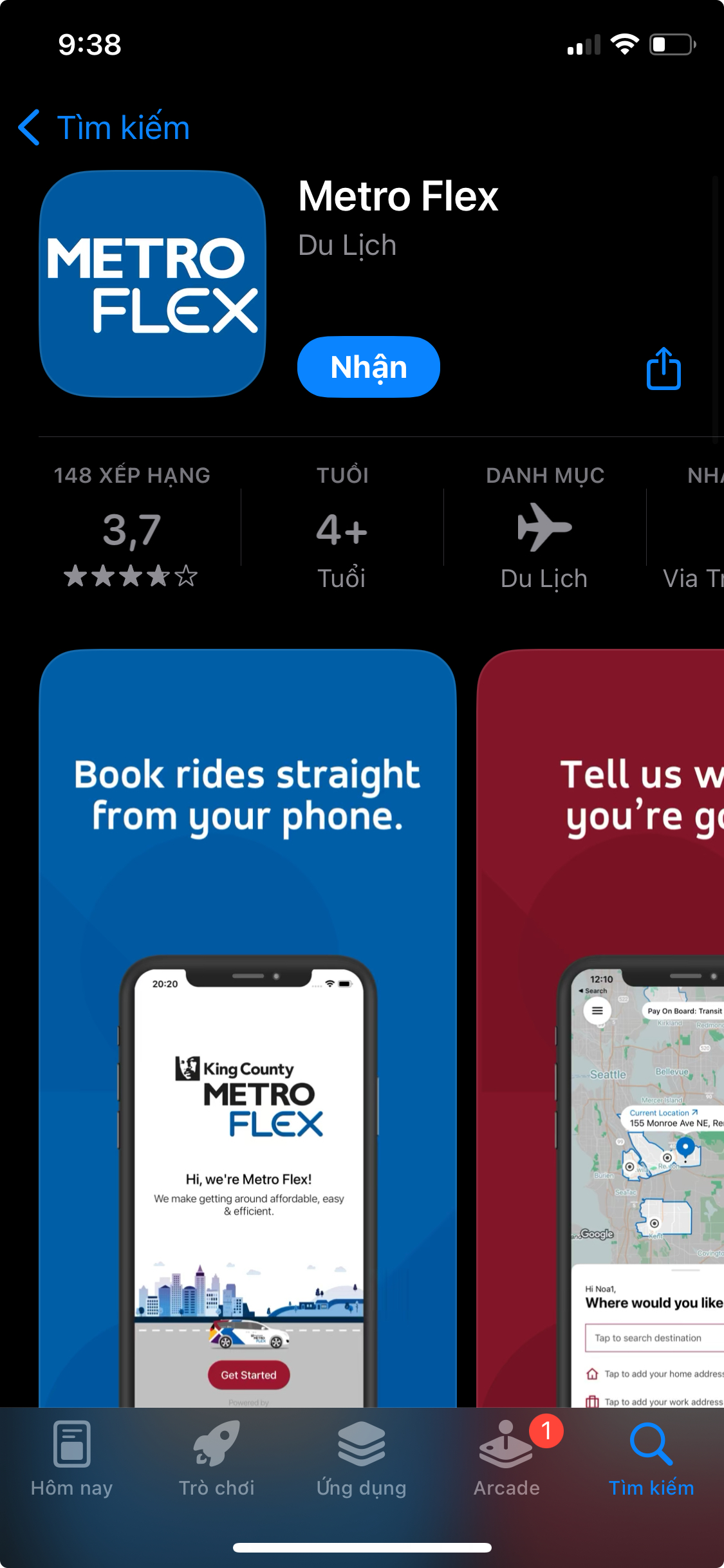 Ảnh một chiếc điện thoại thông minh, cho thấy ứng dụng Metro Flex trong App Store, có khoanh tròn quanh vị trí nút cài đặt trên màn hình.