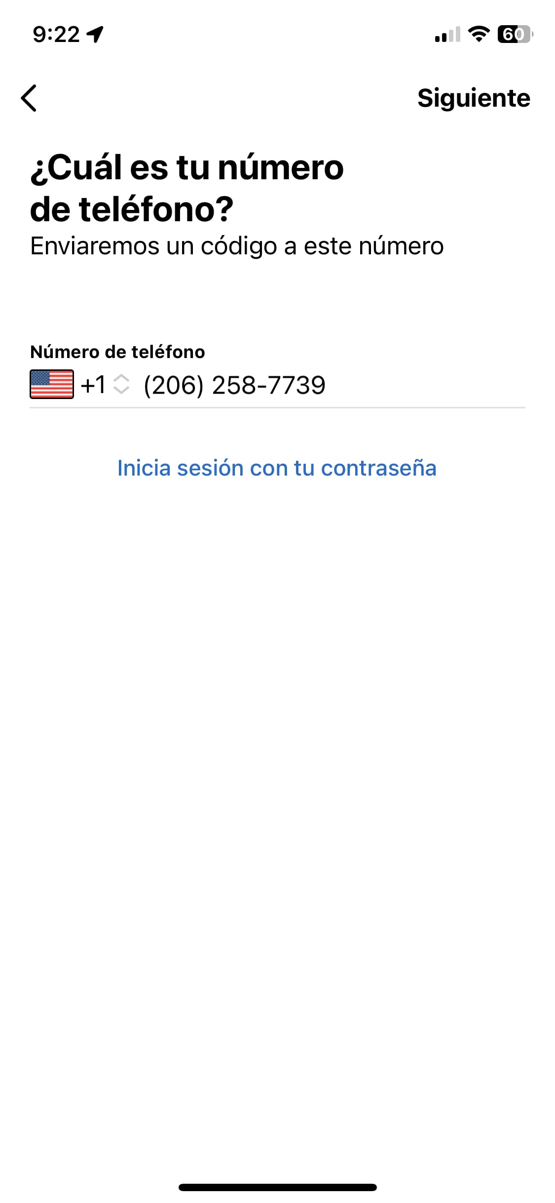 Imagen de una captura de pantalla de un smartphone que muestra la aplicación Metro Flex con un mensaje para ingresar el número de teléfono del usuario.