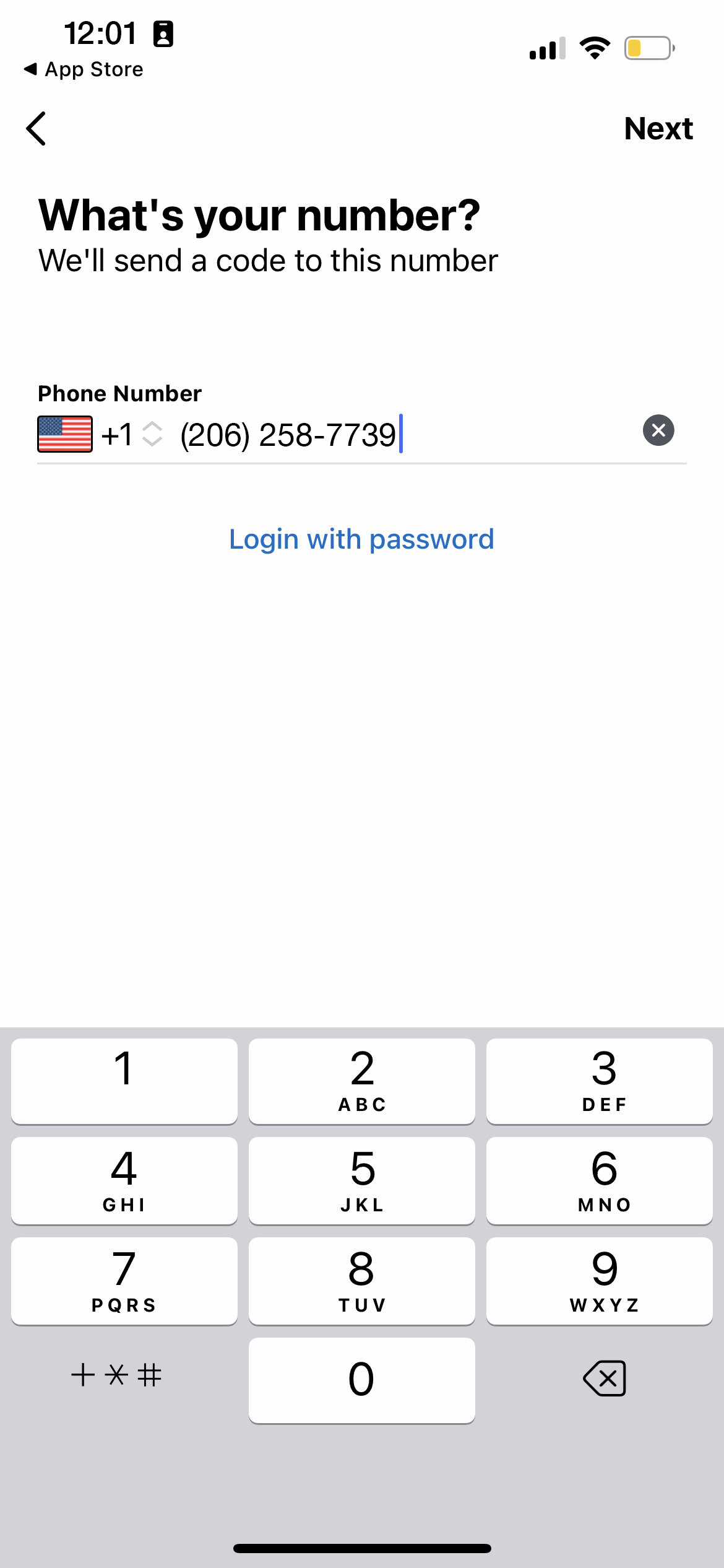 Image of a smartphone screenshot showing the Metro Flex app with a prompt to enter your phone number.