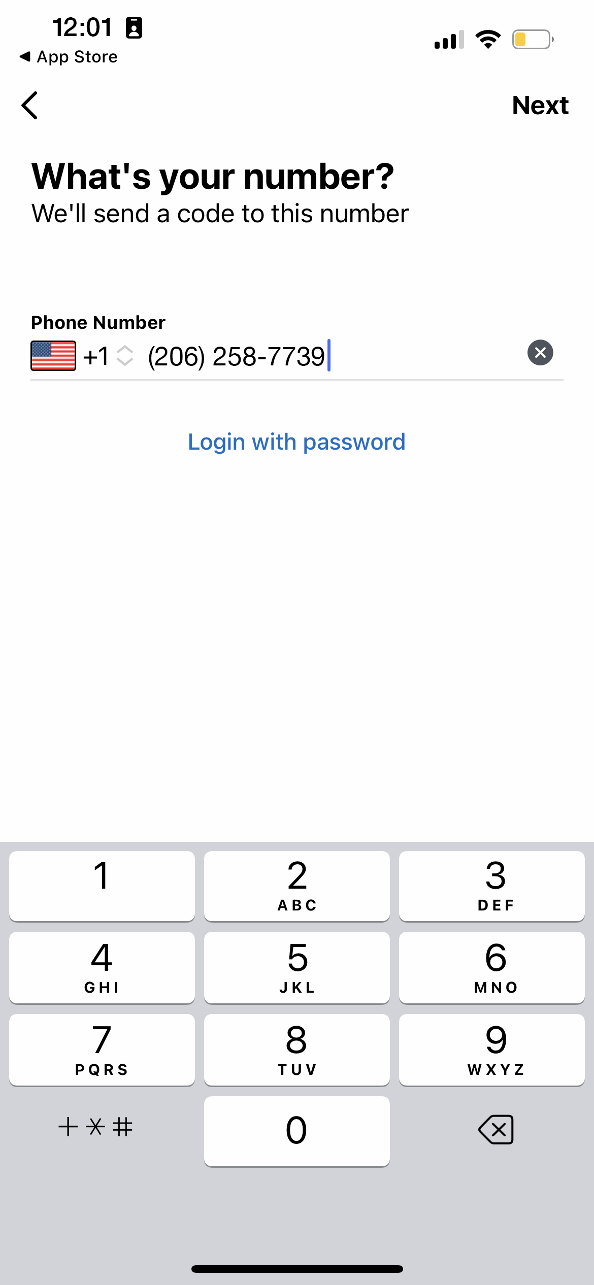 Image of a smartphone screenshot showing the Metro Flex app with a prompt to enter your phone number.