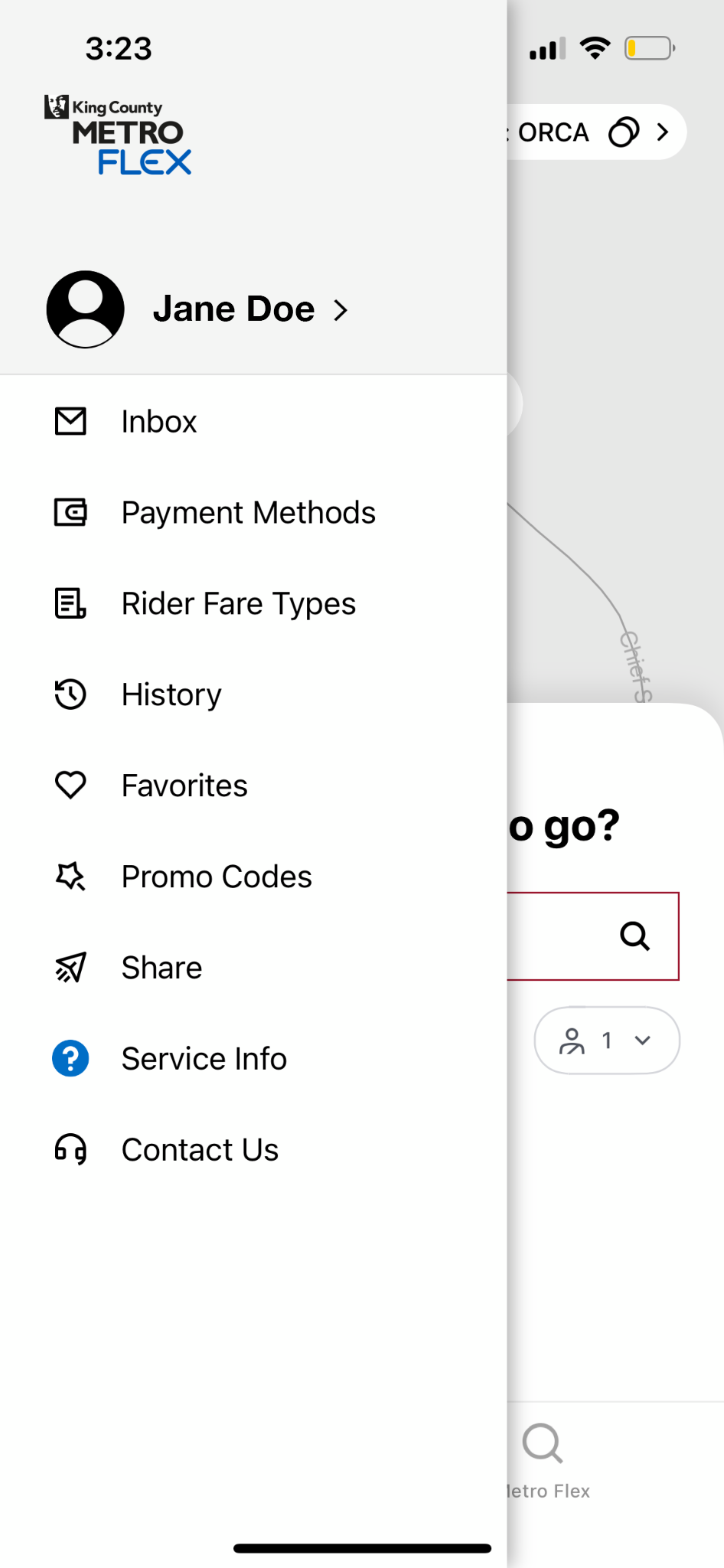 Image of a smartphone screenshot showing the Metro Flex app with a sidebar showing the main menu on the app’s home screen, with emphasis on the payment methods tab.