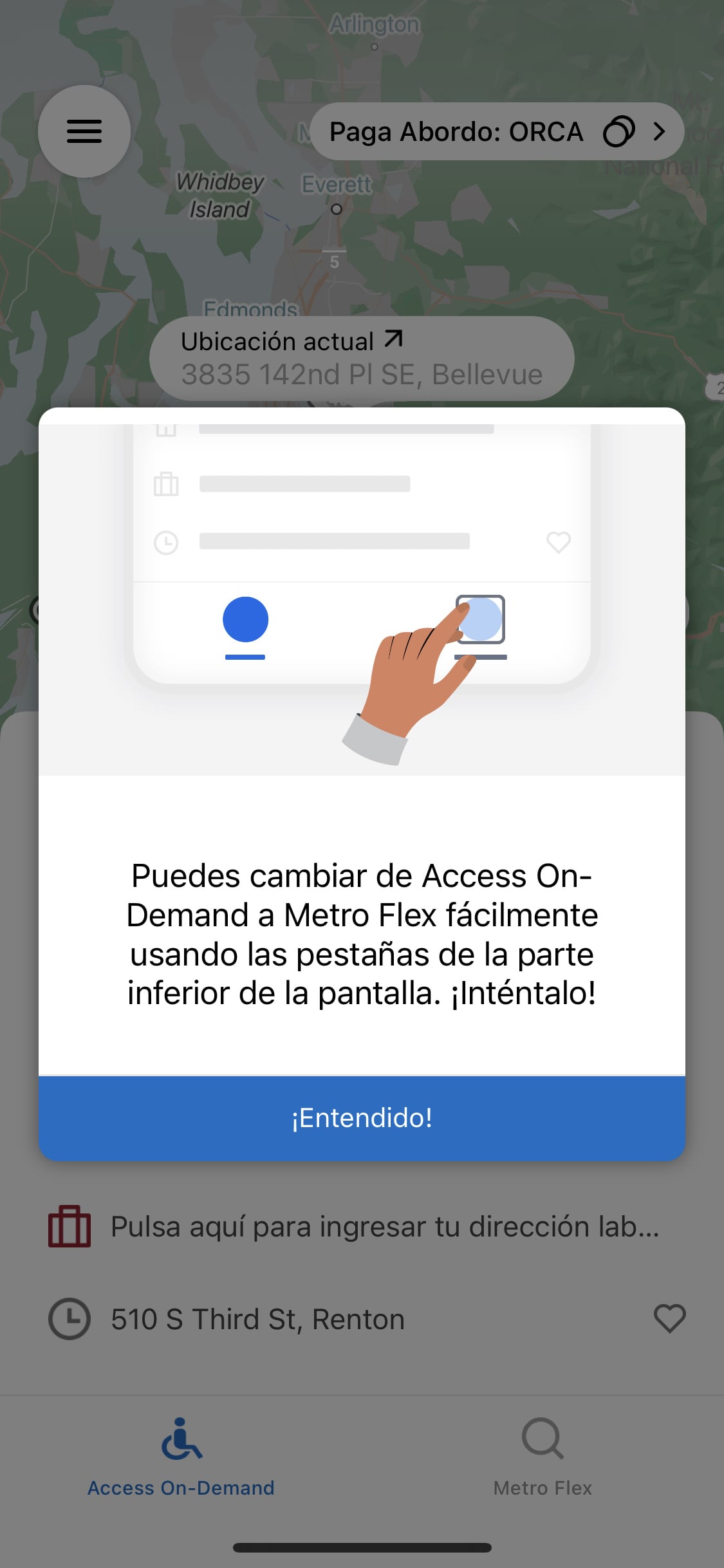 Imagen de una captura de pantalla de un smartphone que muestra la aplicación Metro Flex haciendo énfasis en un cuadro que dice: ‘Puedes cambiar fácilmente entre Access On-Demand y Metro Flex usando las pestañas en la parte inferior de su pantalla. ¡Pruébalo!’ Esta pantalla aparece cuando se cambia entre Access On-Demand y Metro Flex"