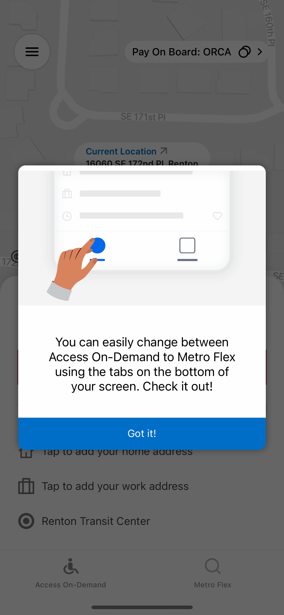 Image of a smartphone screenshot showing the Metro Flex app with emphasis on a box that says, ‘You can easily change between Access On-Demand to Metro Flex using the tabs on the bottom of your screen. Check it out!’ This screen appears when switching between Access On-Demand and Metro Flex.