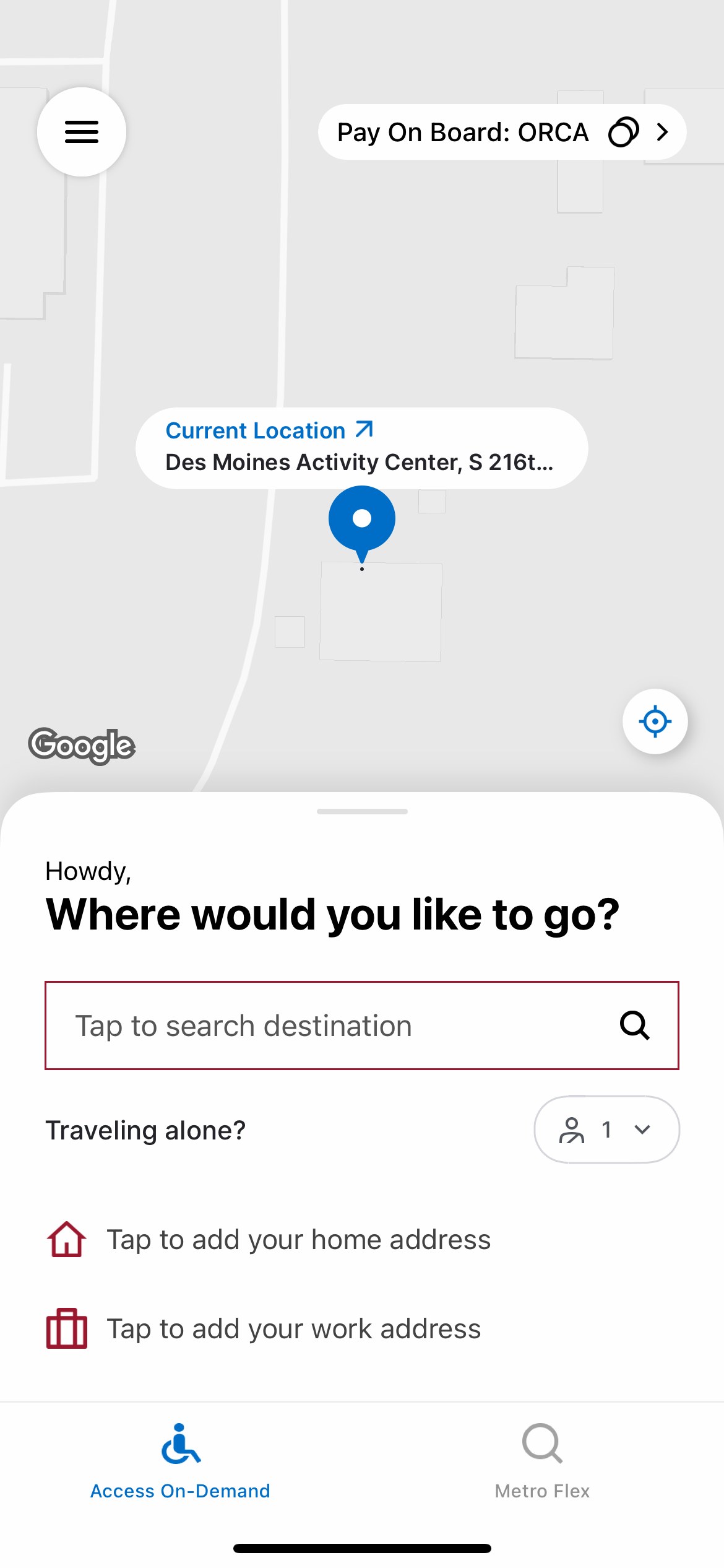 Image of a smartphone screenshot showing a box for the rider to enter their drop off location in the Metro Flex app.