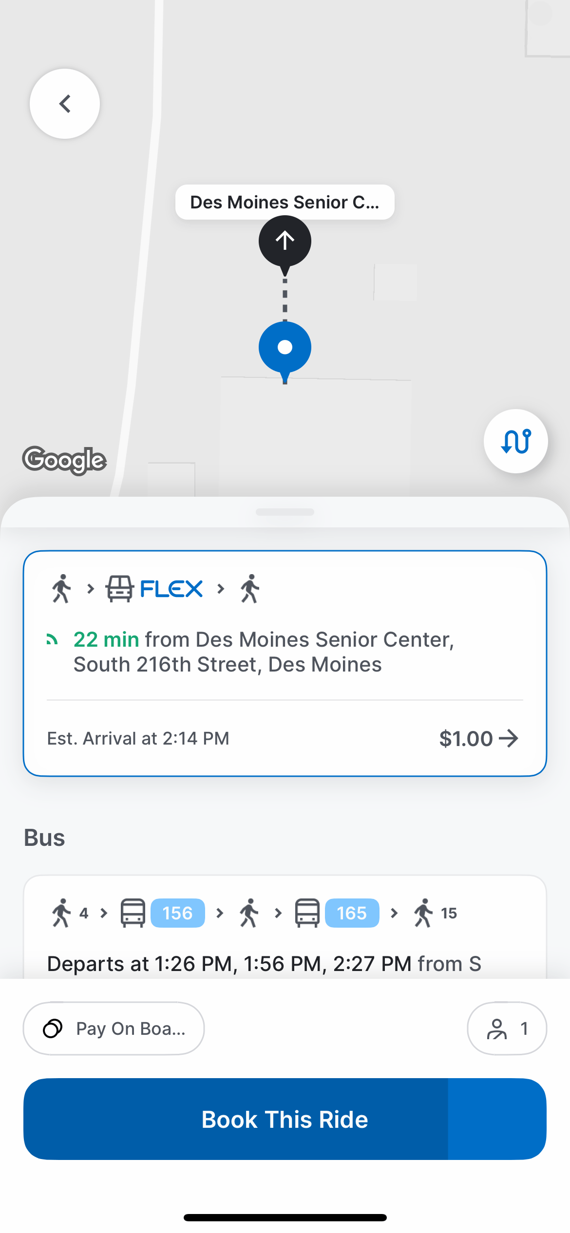 Image of a smartphone screenshot showing the Metro Flex ride option in the Metro Flex app, with emphasis on the length of the trip and the estimated arrival time.