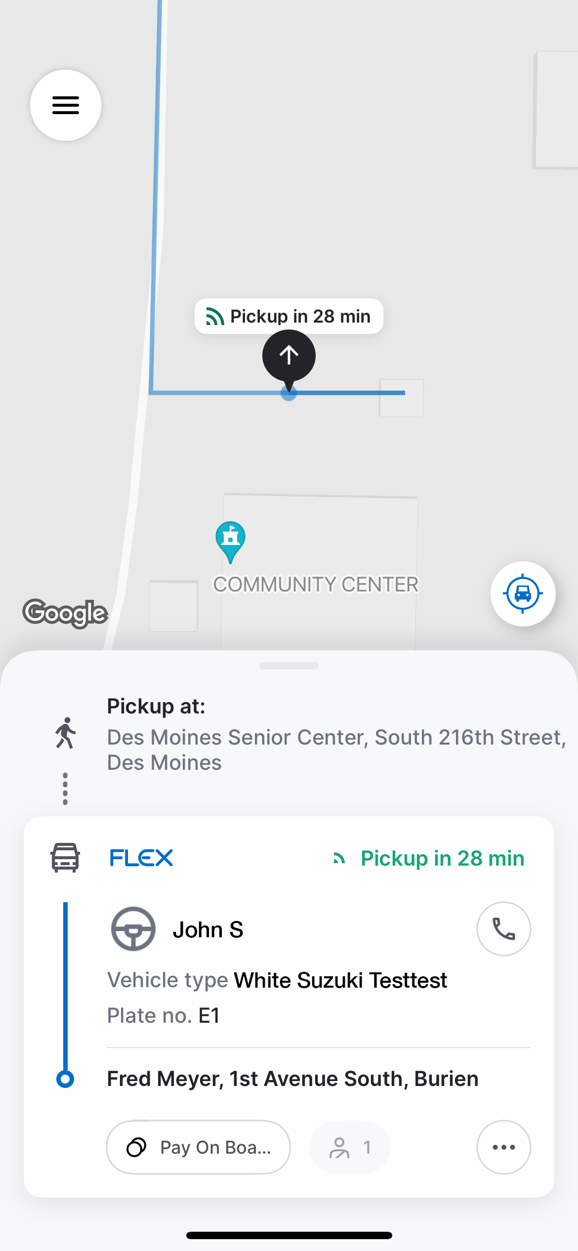 Image of a smartphone screenshot showing the Metro Flex app. A closeup shows the pickup location with the driver's name and vehicle details.